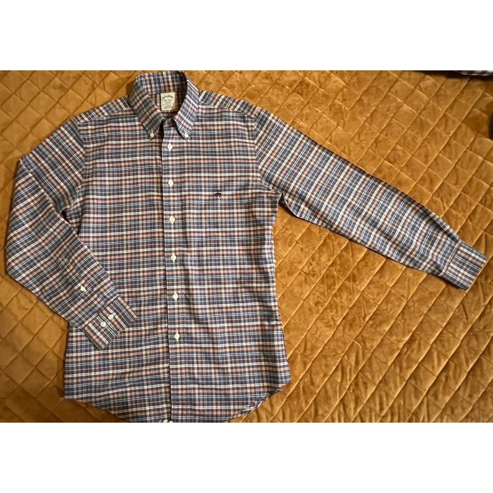 Brooks Brothers Regent Fit Non Iron Mens Small Blue Peach Plaid Button Down